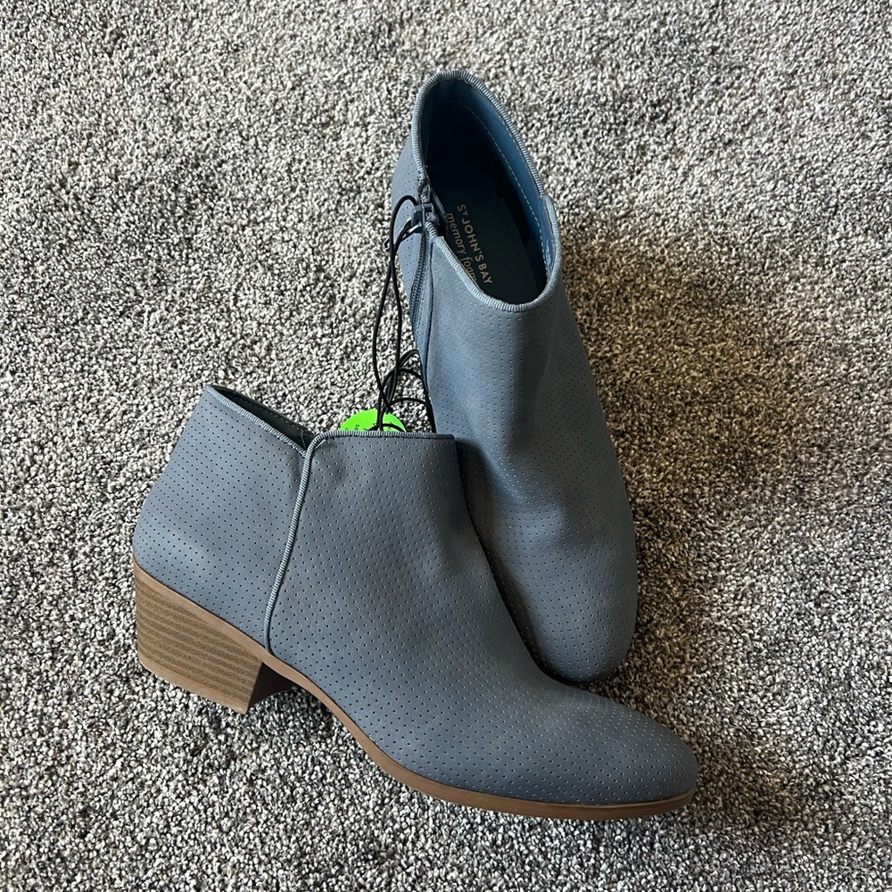 St John’s Bay Blue-Gray Perforated Ankle Booties with Stacked Heel